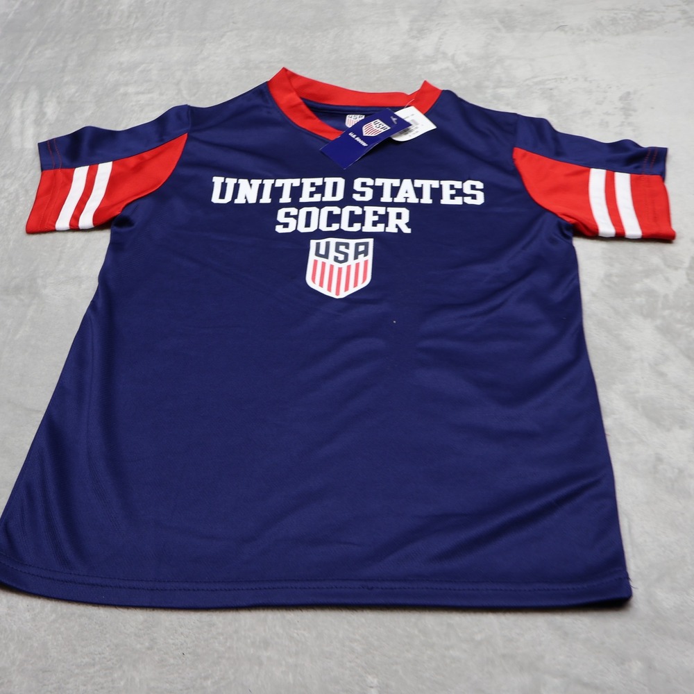 US Soccer Shirt Youth Medium 8/10 Blue V-Neck Graphic Tee Athletic Jersey NEW